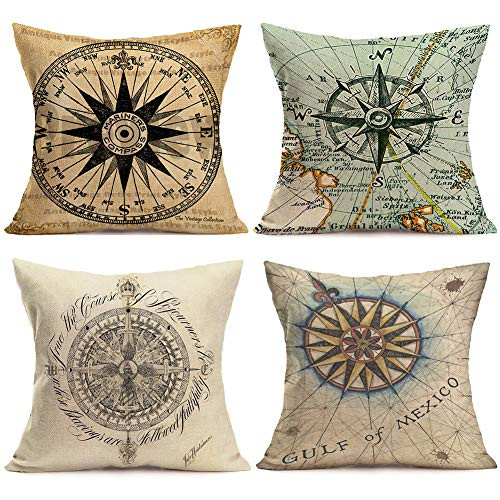ShareJ Set of 4 Background Retro Compass Home Decorative Throw Pillow Case Cushion Cover 18 x 18 Cotton Linen Pillowcases