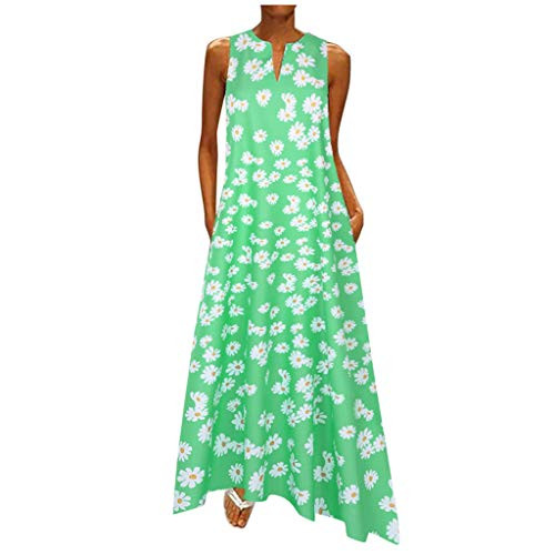 Womens Plus Size Long Maxi Dresses Summer Casual Boho V Neck Sleeveless Loose Maxi Dress with Pockets H-Green