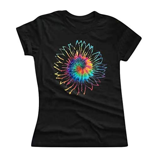 Meikosks Tie-dye Sunflower Print Tshirt Women's O-Neck Short Sleeves Blouses Plus Size Loose Tops Black Meikosks Tie-dye Sunflower Print Tshirt Women's O-Neck Short Sleeves Blouses Plus Size Loose Tops Black
