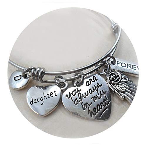 Daughter Memorial Bangle Bracelet Grieving Mother Gift Always In My Heart Love You Charm Bracelet Bereavement Sympathy Gift 3 Sizes Small Medium or Large