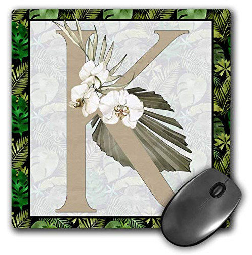 3dRose Monogram Initial K Green Tropical Leaves and Flowers - Mouse Pads -mp-340753-1-