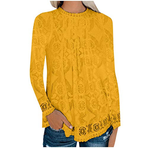 Meikosks Women's Lace Tops Long Sleeve O-Neck Blouses Pullover Solid Color T Shirt Casual Tunic Yellow