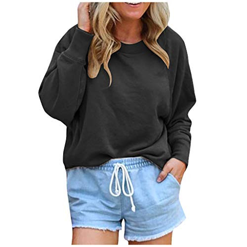 ESKNAS Womens Sweatshirt Ladies Autumn Solid Pullover Tops O Neck Long Sleeve T-Shirts Blouse -BlackM-