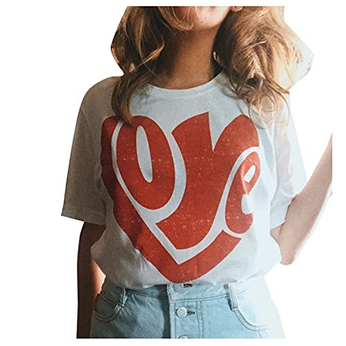 HHoo88 Creative Love Printed Women Summer Loose Blouse Casual Short Sleeve O-Neck Tee Tops Funny T-Shirt Tunic Shirt White