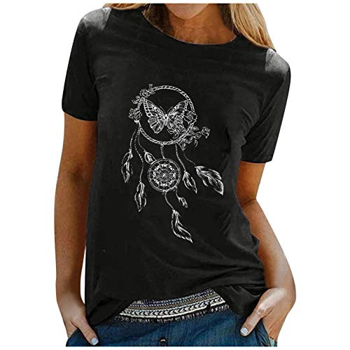 Women Summer Tops Dream Catcher Print Graphic Shirt Short Sleeve O Neck T-Shirt Casual Loose Tunic Blouse-ABlackL- Women Summer Tops Dream Catcher Print Graphic Shirt Short Sleeve O Neck T-Shirt Casual Loose Tunic Blouse-ABlackL-