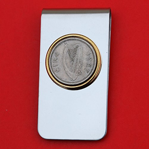 1967 Irish Ireland 3 Pence Harp Coin Gold Silver Two Toned Stainless Steel Money Clip New