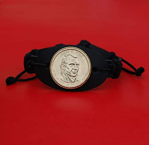 US 2009 Presidential Dollar BU Unc Coin Genuine Black Leather Cuff Bangle Wristband Bracelet NEW - James K. Polk -1845-1849-