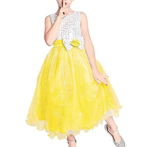 Sunny Fashion Flower Girls Dress Yellow Sequin Wedding Party Bridesmaid Size 7