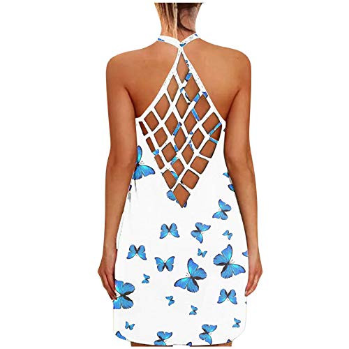Women's Open Back Dresses Sunflower-Tie-dye Print Casual O-Neck Mini Dress Sleeveless Cross Hollow Mesh Halter Dress D- White