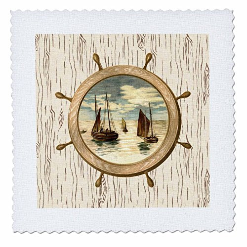 3D Rose Image of Ships Wheel with Sailboats On Aged Wood Square 12 by 12 Inch Quilt 12 x 12