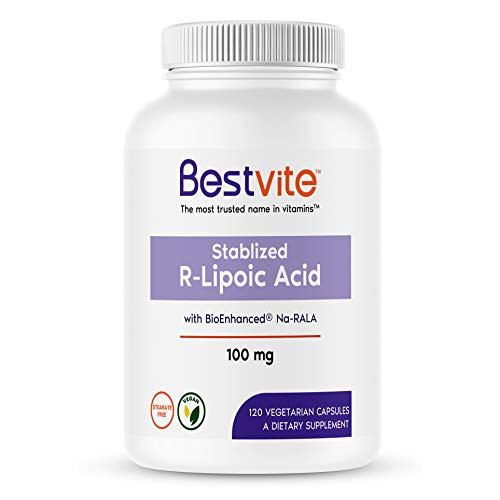 R-Lipoic Acid 100mg Stabilized with Bio-Enhanced® Na-RLA -120 Vegetarian Capsules- No Stearates - No Flow Agents - Vegan - Non-GMO - Gluten Free