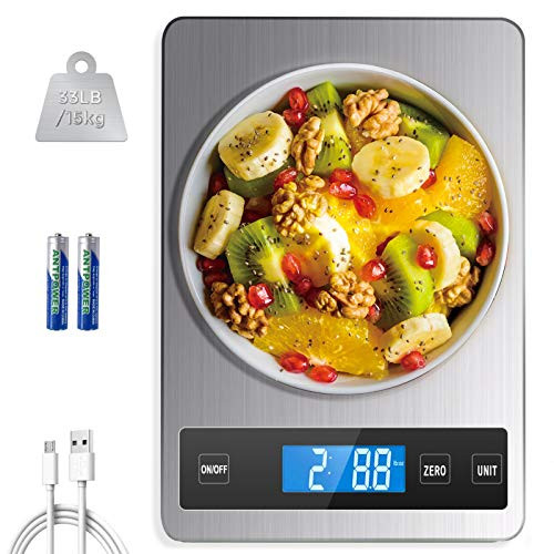 HOWEIFULL Food Kitchen Scale 33lb Rechargeable Digital Scales Weight Grams and Ounces for Cooking Baking 1g-0.04oz Precise Graduation 5 Units Tare Function LCD Display Stainless Steel