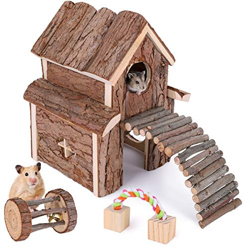 Elipark Small Animal Activity Toy Hamster Houses Hideouts Wooden Rat Playground Platform with Ladders Bridge for Chinchilla Guinea Pigs Gerbil Parrots Dwarf Miceand Other Small Animals