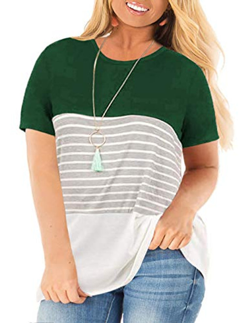 VISLILY Women's Plus Size Striped Tops Short Sleeve Casual Tee Shirts Green 18W