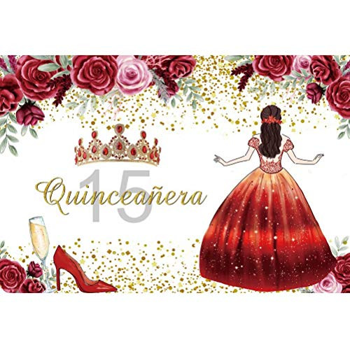 shensu Vinyl 7x5ft Girls 15 Birthday Photography Backdrop Red Roses Crown Girl in Princess Dress Photo Background 15th Quinceanera Celebration Party Decor Girls Portrait Photoshoot Studio Props