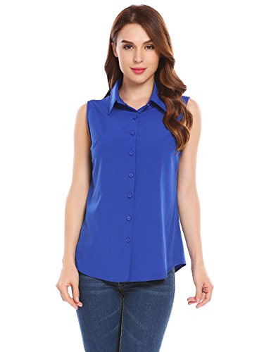 Zeagoo Women's Sleeveless Button Down Shirt Tops Solid Casual Loose Blouse Royal Blue Large