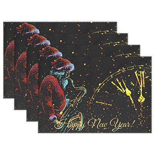 Naanle Christmas Placemats Set of 6 Musical Santa Non Slip Heat-Resistant Washable Table Place Mats for Kitchen Dining Table Home Decoration 12" x 18"