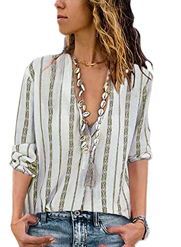 Astylish Women Casual Deep V Neck Button Down Stripe Print Long Sleeves Work Shirt Blouse Tops Small 4 6 Yellow