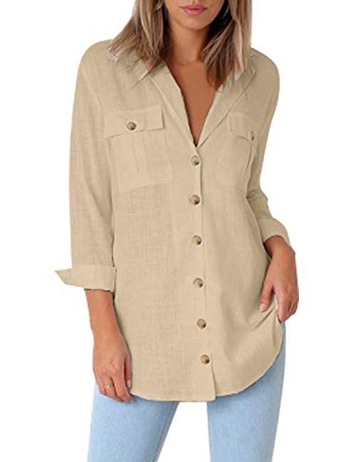 GRAPENT Women's Casual Loose Roll-up Sleeve Blouse Pocket Button Down Shirts Tops XXL?US 18-20? Khaki