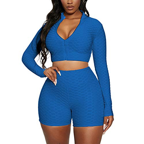 Workout Sets For Women 2 Piece Textured Long Sleeve Zip Up Crop Top Butt Lift Biker Shorts Summer Gym Yoga Outfits -Blue L-