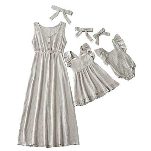 Herimmy Mommy and Me Dresses Summer Casual Sleeveless Girls Sisters Baby Romper Dress with Headband -Girls-5-6YearsLight Grey- Herimmy Mommy and Me Dresses Summer Casual Sleeveless Girls Sisters Baby Romper Dress with Headband -Girls-5-6YearsLight Grey-