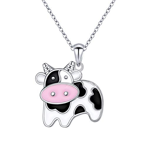 S925 Sterling Silver Animal Cute Cow Cattle Pendant Necklace 18 plus2 inches Rolo Chain Cow Gifts for Cow Lovers Women