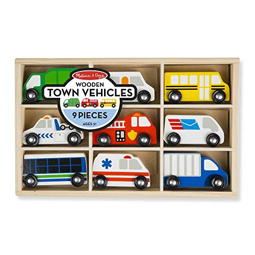 Melissa & Doug Wooden Town Vehicles Set in Wooden Tray (9 pcs)