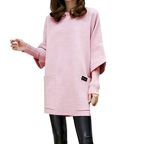 iQKA Women Dresses Casual O-Neck Long Sleeve Solid Color Pocket Dress Plus Size Loose Short Dress Vestido Pink iQKA Women Dresses Casual O-Neck Long Sleeve Solid Color Pocket Dress Plus Size Loose Short Dress Vestido Pink