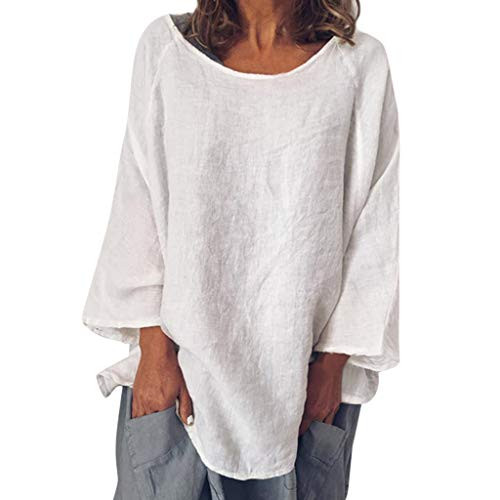 Womens Blouse Casual O-Neck 3-4 Sleeve Solid Linen Thin T-Shirt Loose Pullover Top White