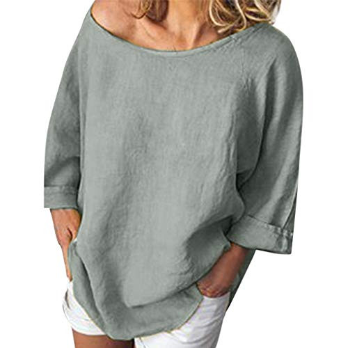 Womens Blouse Casual O-Neck 3-4 Sleeve Solid Linen Thin T-Shirt Loose Pullover Top Gray