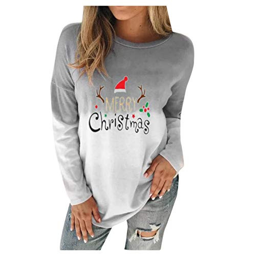 FUNEY Christmas Pattern Print Pullover Sweatshirt O-Neck Loose Long Sleeves Gradient Sweatshirts Tops Blouse for Women Gray