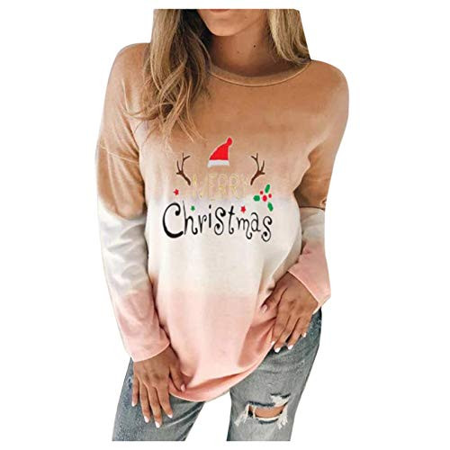 FUNEY Christmas Pattern Print Pullover Sweatshirt O-Neck Loose Long Sleeves Gradient Sweatshirts Tops Blouse for Women Khaki