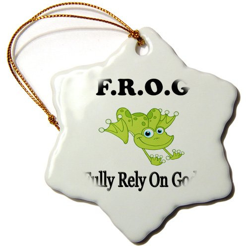 3dRose ORN_149833_1 Frog Fully Rely on God Snowflake Ornament, Porcelain, 3-Inch