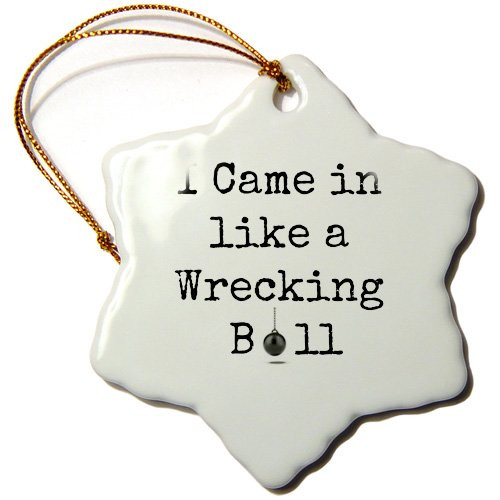 3dRose ORN_200658_1 I Camein Like a Wrecking Ball Black Letters with Picture of Ball Snowflake Ornament, Porcelain, 3-Inch
