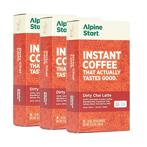 Alpine Start Premium Instant Coffee Packets Diary-Free Dirty Chai Latte 15 Single Serve Packets -Pack of 3 Boxes-