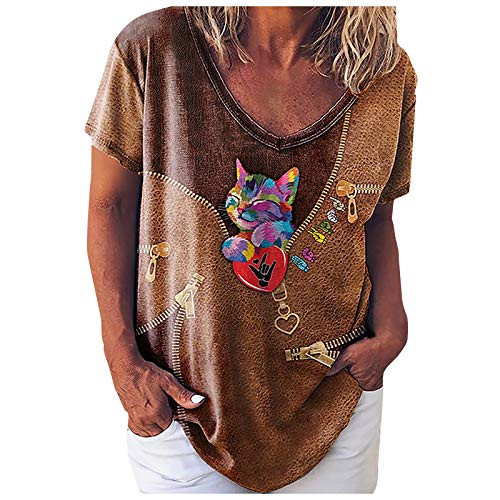 Summer Tops for Womens Cat Animal Print O-Neck Loose T-Shirt Summer Short Sleeves Casual Tees Sexy Tops Shirts Coffee