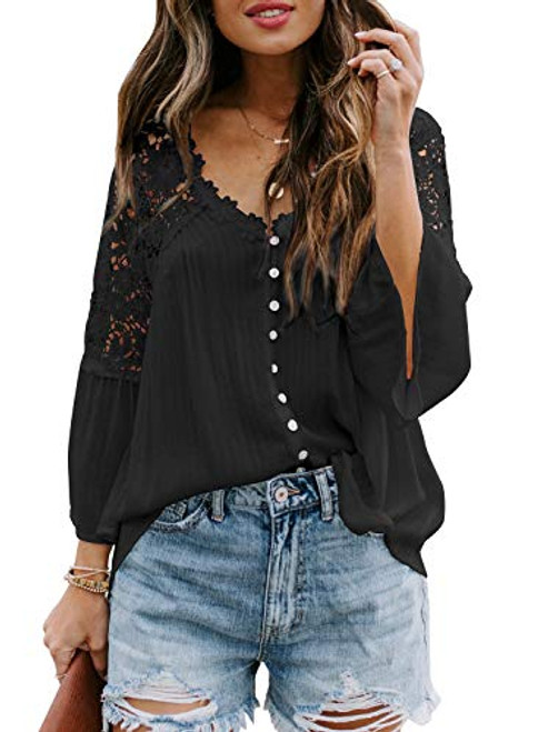 Aleumdr Women's Lace Crochet V Neck Button Down Shirts Summer Bell Sleeve Tops and Blouses XX-Large 18 20
