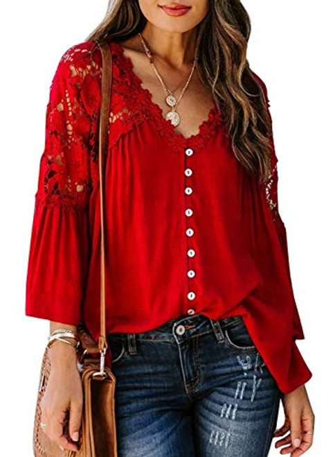 Aleumdr Women's Stylish V Neck Lace Crochet Flowy 3 4 Bell Sleeve Button Down Casual Shirts Blouses Tops Red X-Large 16 18