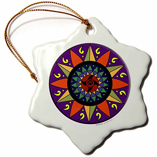 3dRose Art of Jolie E Bonnette Misc Designs - Hex Sign 2 Pennsylvania Dutch Luck Protection Symbol - 3 inch Snowflake Porcelain Ornament (orn_23187_1)