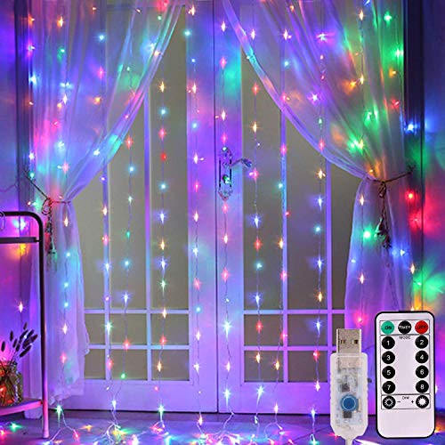 Moonsofter Window Curtain Lights 300 LED USB Powered Fairy String Lights with Remote, 8 Settings Twinkle Lights for Bedroom Parties,Weddings,Wall Decorations (9.8x9.8Ft Multi-Color)