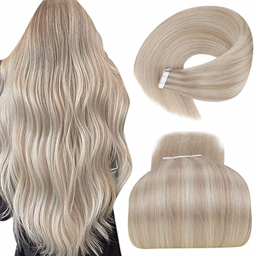 Blonde Tape in Hair Extensions Remy LaaVoo Straight Natural Hair Tape in Extensions Highlight Ash Blonde Mixed Bleach Blonde Human Hair Tape in Extensions Invisible 20pcs 30g 12"