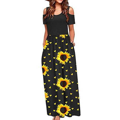 Women's Short Sleeve Floral Maxi Dresses Cold Shoulder Dress with Pockets Elegant Summer Casual O-Neck Long Dress Yellow Women's Short Sleeve Floral Maxi Dresses Cold Shoulder Dress with Pockets Elegant Summer Casual O-Neck Long Dress Yellow