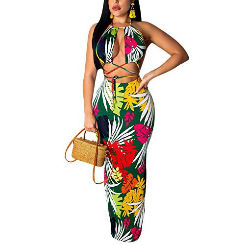 Women's Sexy Two-Piece Maxi Dress Halter Floral Printed V Neck Sleeveless Summer Beach Party Clubwear Green M Women's Sexy Two-Piece Maxi Dress Halter Floral Printed V Neck Sleeveless Summer Beach Party Clubwear Green M