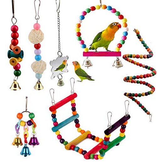 FORZENA 7 Pcs Bird Parrot Hammock Swing Climbing Ladders Toys Hanging Pet Bird Cage Accessories Wooden Perch Chewing Toy for Small Parrots Conures Love Birds Small Parakeets Cockatiels Finche