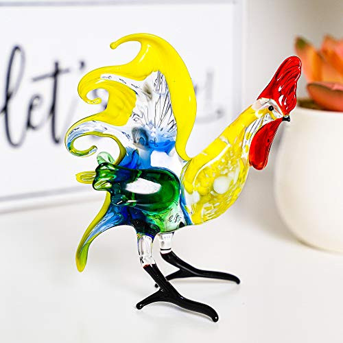 Glass Rooster Figurine - Handmade Hand Blown Art Glass Bird Animal 3.5"