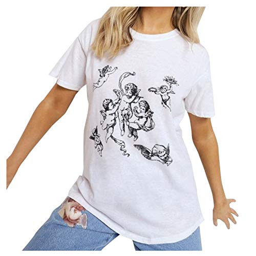 HHoo88 Women Summer Funny Printed Loose Blouse Casual Short Sleeve Tee Shirt O-Neck Casual T-Shirt Tunic Shirt White