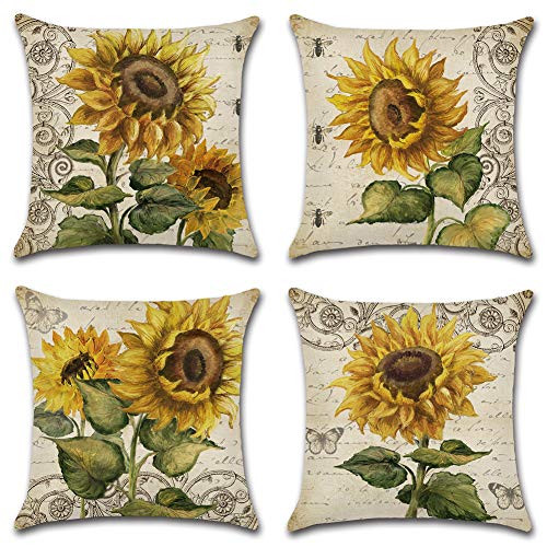 Faromily Vintage Sunflowers Pillow Covers Farmhouse Decor Farm Fresh Cushion Covers Home Decorative Throw Pillow Cases Cotton Linen 18 x 18 inch Set of 4