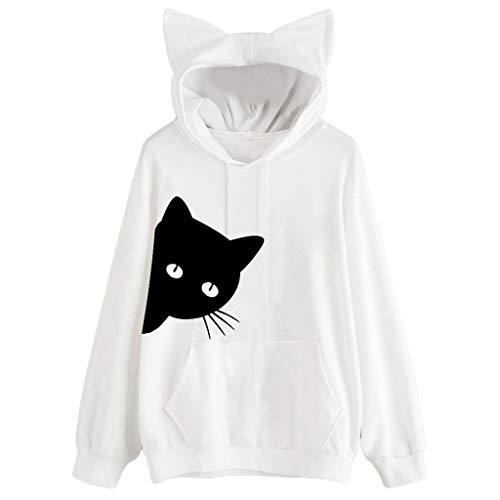 lotus.flower Womens Cat Print Long Sleeve Hoodie Sweatshirt Hooded Pullover Tops Blouse -L White-