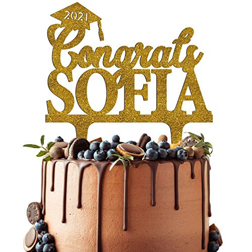 Personalized Graduation Cake Topper - Congrats Grad Cake Toppers w-Name and Date - Custom Acrylic Cake Decorations Rustic Graduation Cake Topper for Graduation Party - 2 Glitter Colors