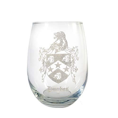 Hughes Family Coat of Arms Clear Stemless Wine Glass 18 oz - Free Personalized Engraving